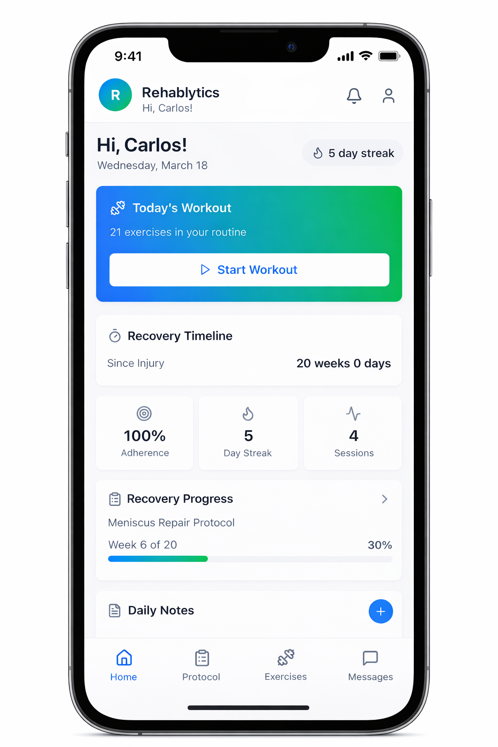Rehablytics patient app on a phone: home dashboard with workouts, adherence, recovery progress, and navigation